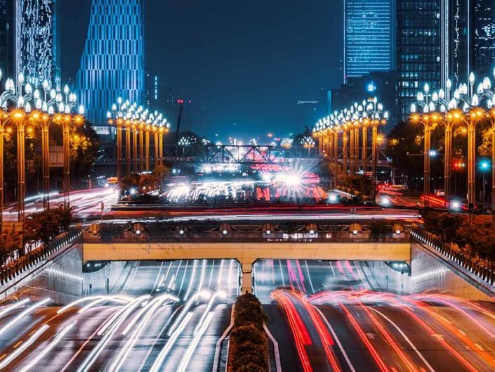 Chengdu Tianfu avenue at night with heavy car traffic, Sichuan province, China