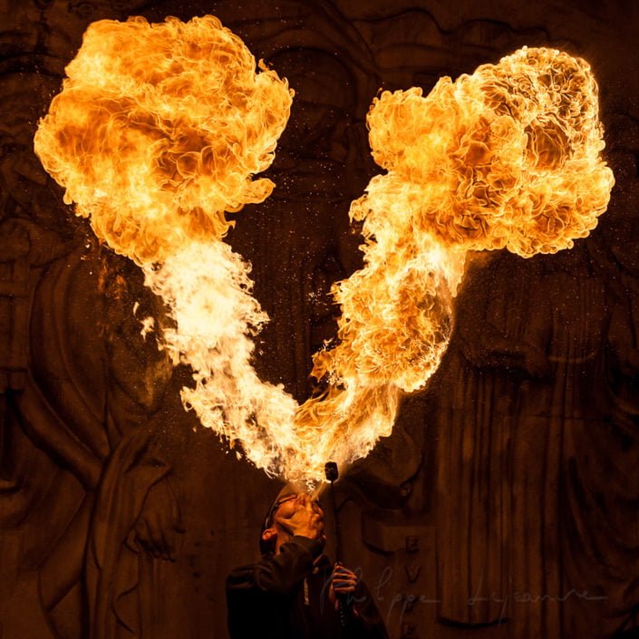 Fire spitter at the Burn Crew Concept anniversary - Palais de Tokyo, Paris - France January 2014
