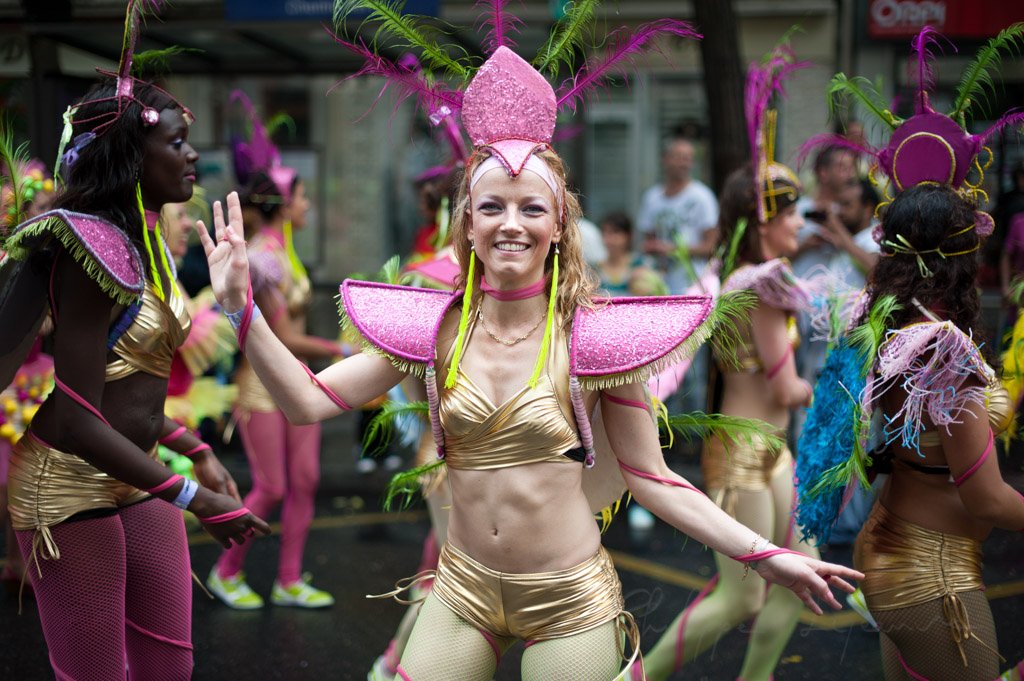 Young woman dancing at the Paris tropical carnival, France