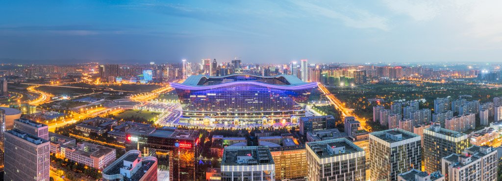 Global Center aerial view panorama at blue hour, Chengdu, Sichuan province, China