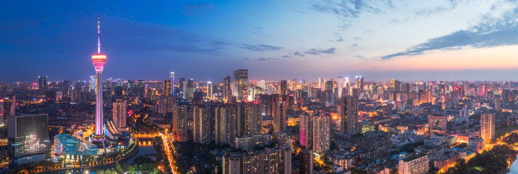 Chengdu skyline panorama at blue hour with the Sichuan tower, Sichuan Province, China