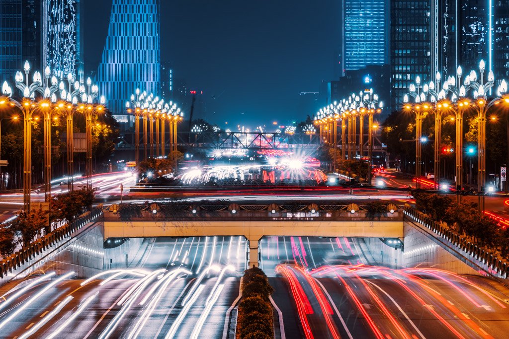 Car traffic at night in the south part of Chengdu, Sichuan province, China