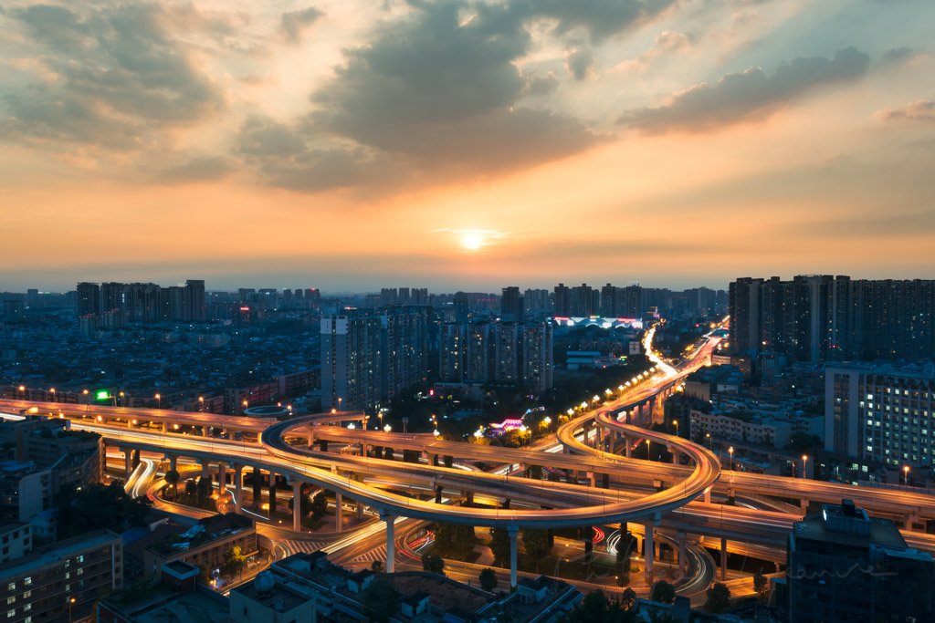 Yingmenkou interchange at sunset in Chengdu, Sichuan Province, China