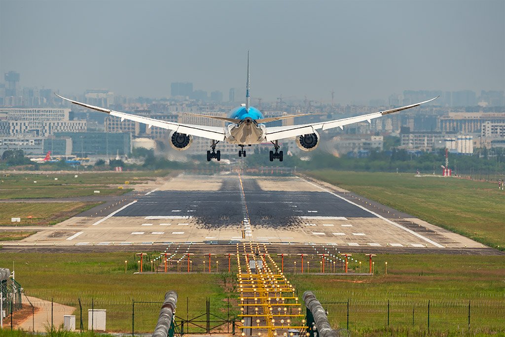 KLM boeing 777 airplane landing in Chengdu, Sichuan province, China