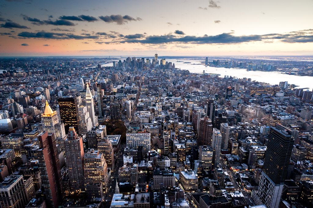 Lower Manhattan skyline at sunset from the Empire state building, New York City, USA