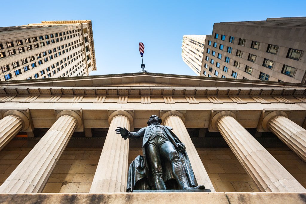 George Washington Statue at Federal Hall in New York city with blue sky