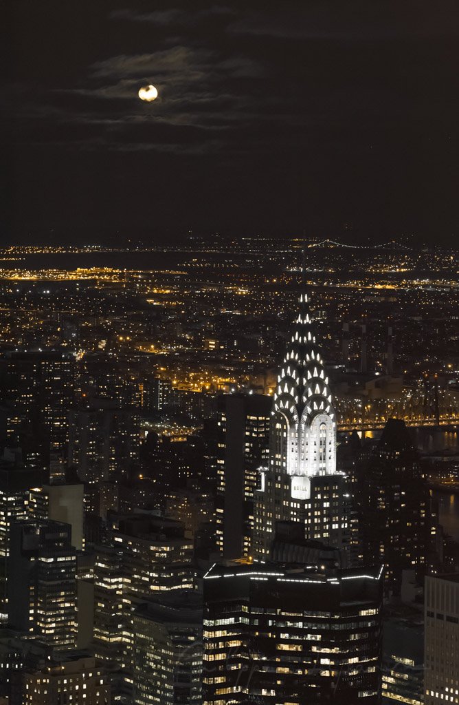 Chrysler building aerial view at night, New York City, USA