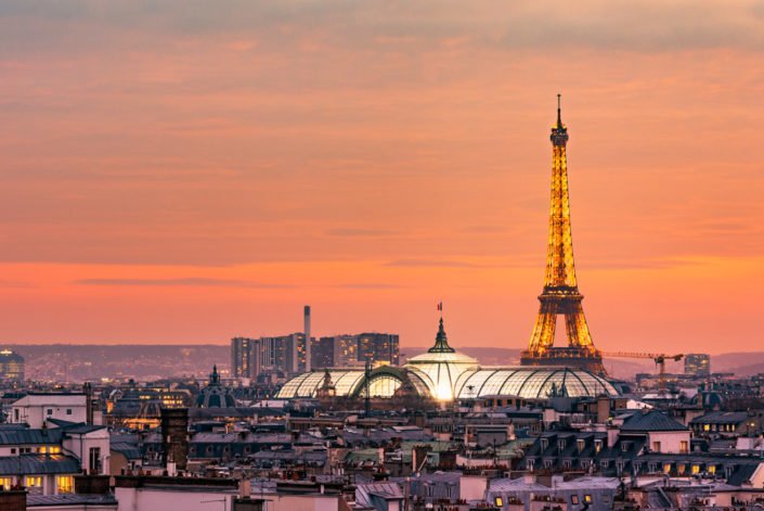 Paris skyline at sunset from the Printemps terrace