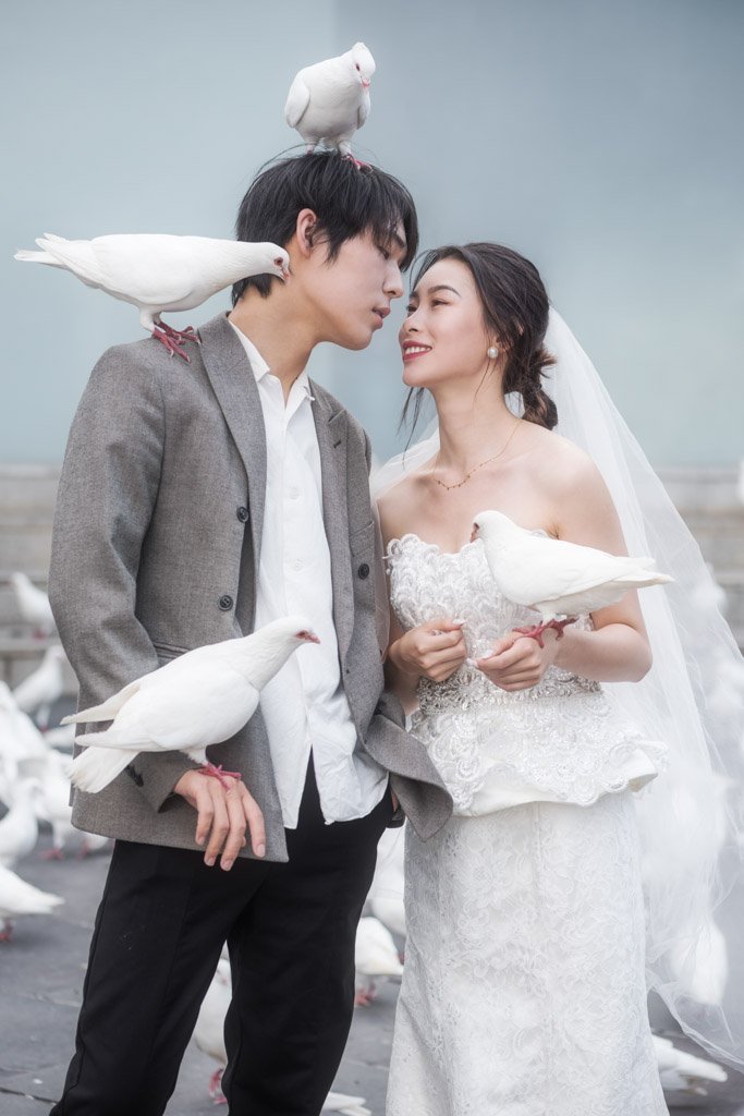 Young married couple with white doves in Chengdu, Sichuan province, China