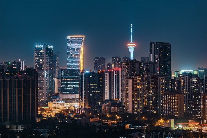 Chengdu downtown skyline aerial view at night, Sichuan province, China