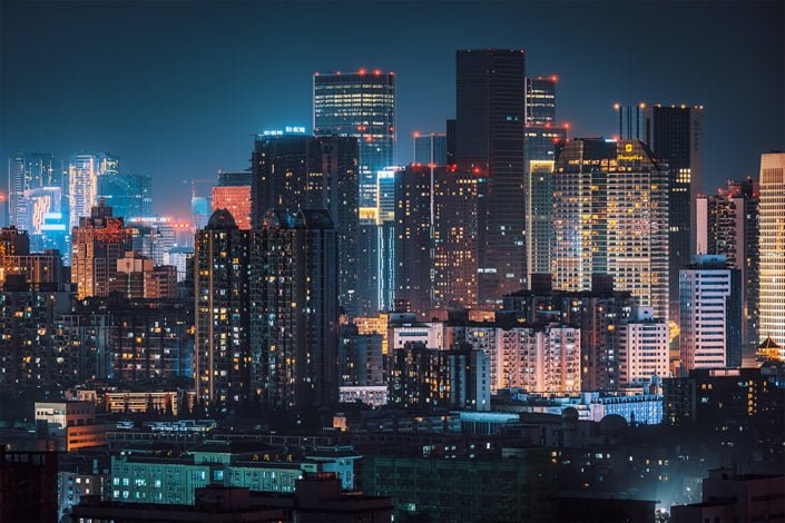 Chengdu downtown skyline aerial view at night, Sichuan province, China