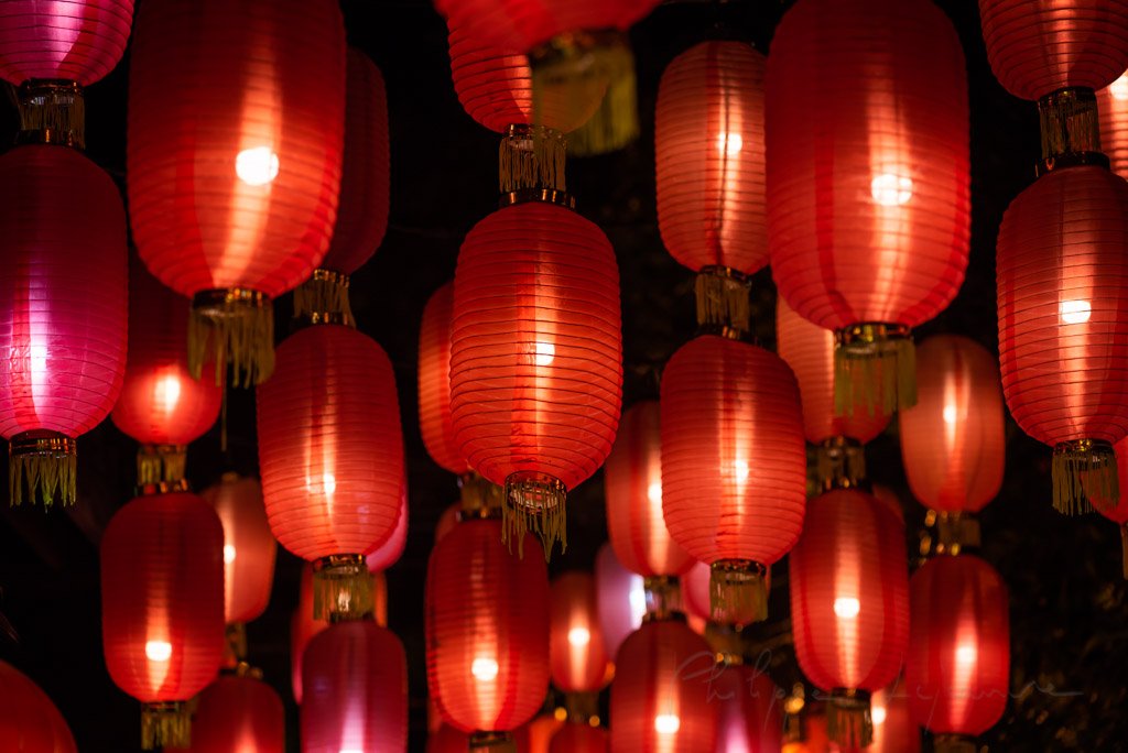 Red chinese lanterns illuminated at night in Jinli old street, Chengdu, Sichuan province, China
