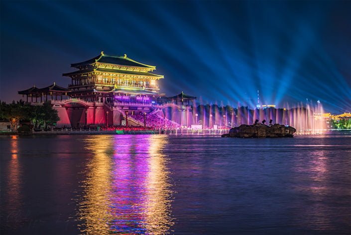 Xi'an Tang Paradise light show at night, Shaanxi province, China