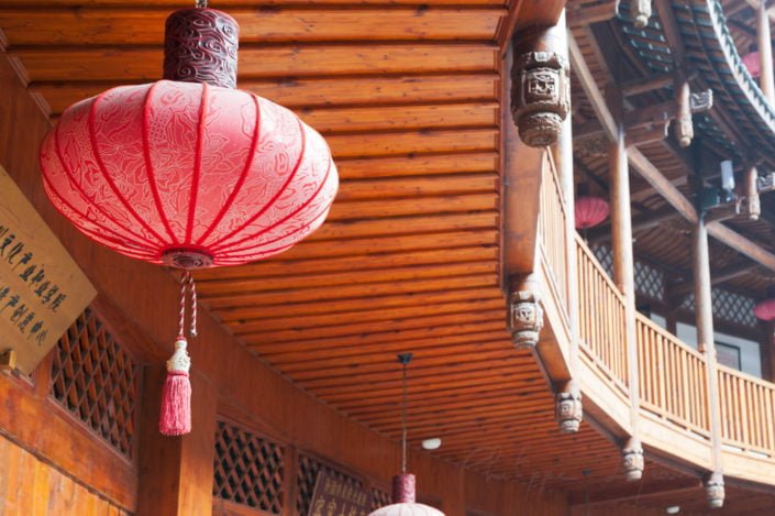 Chengdu-Luodai, Sichuan Province, China : Chinese lantern and chinese traditional architecture in a Hakka roundhouse