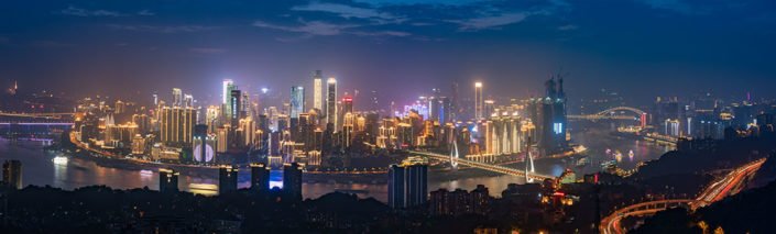 Chongqing illuminated skyline aerial view at night, China