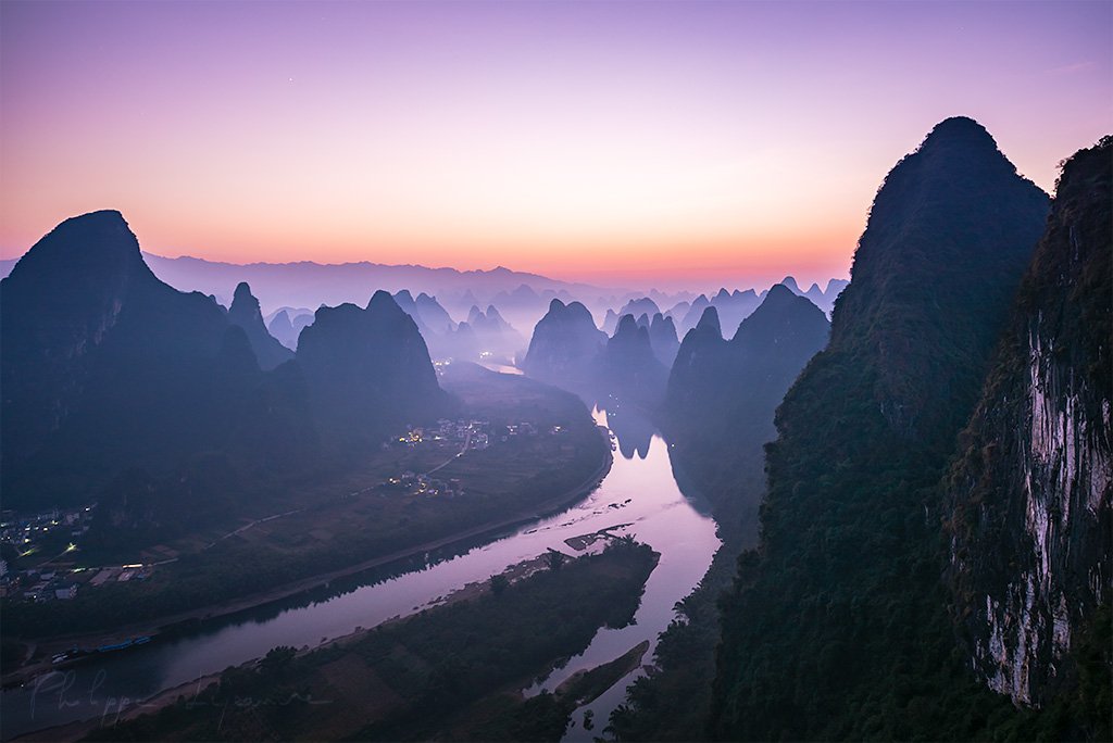 Xinping landscape at dawn aerial view before sunrise, Yangshuo, Guilin, Gungxi province, China