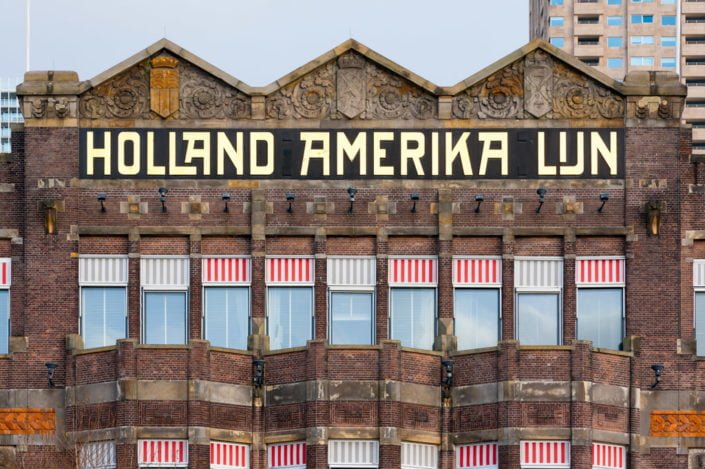 Rotterdam, Netherlands: New York Hotel facade in Rotterdam with the Holland Amerika Lijn inscription in Wilhelminapier district.