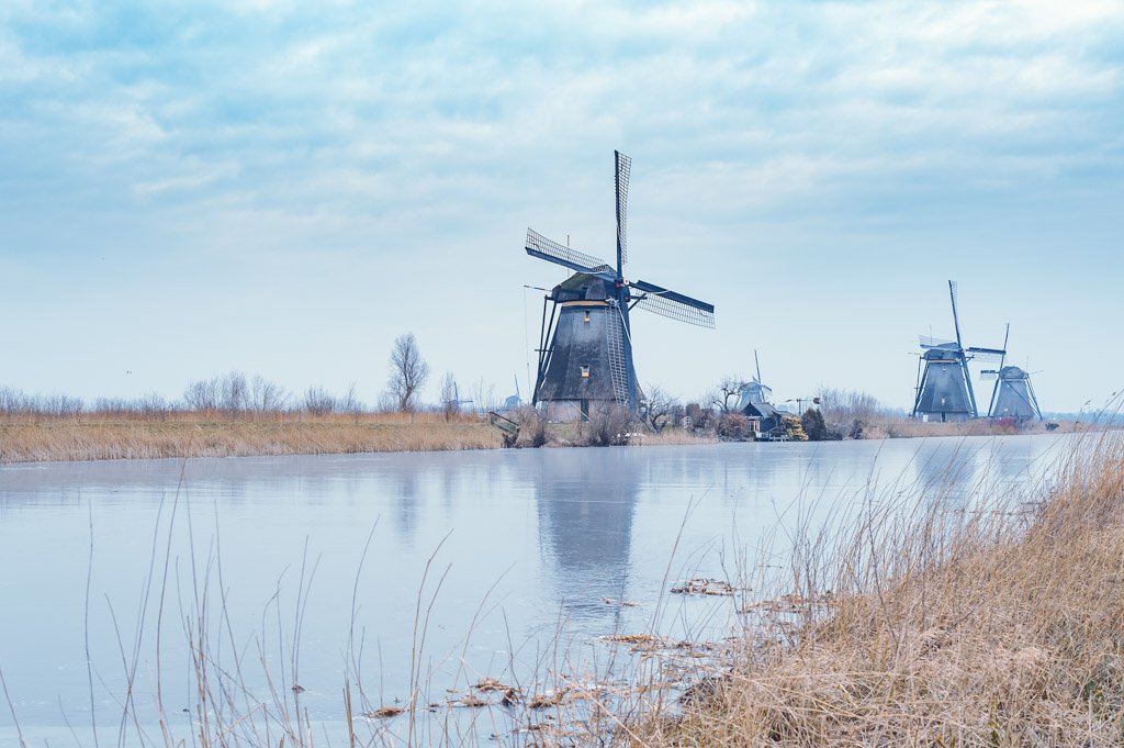 Windmills in winter with frozen water in a canal in Kinderdijk, Netherlands
