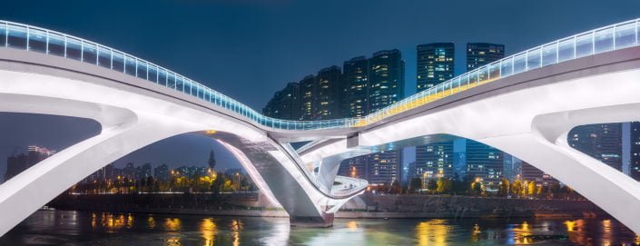 WuChaZi DaQiao modern bridge illuminated at night in Chengdu, Sichuan province, China