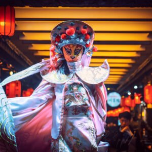 Chinese actress performs a public traditional face-changing art or bianlian onstage at Chunxifang Chunxilu covered street, Chengdu, Sichuan province, China