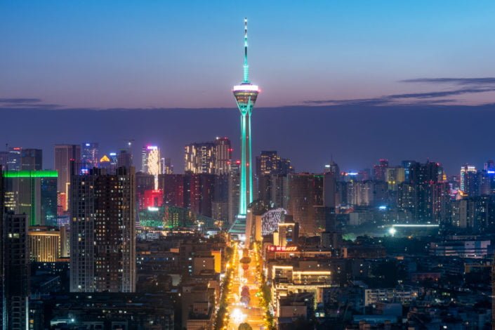 Chengdu skyline with West Pearl 339 TV tower at blue hour