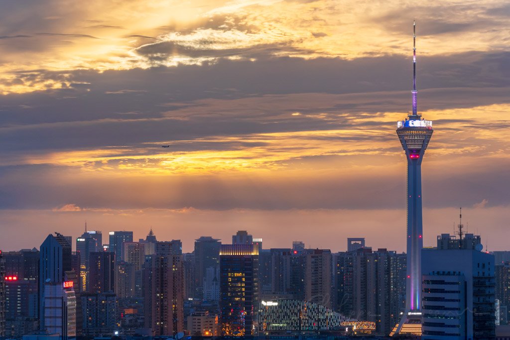 Chengdu skyline with West Pearl 339 TV tower at sunset, Sichuan province, China