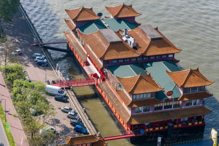 New Ocean Paradise floating Chinese restaurant aerial view, Rotterdam, Netherlands