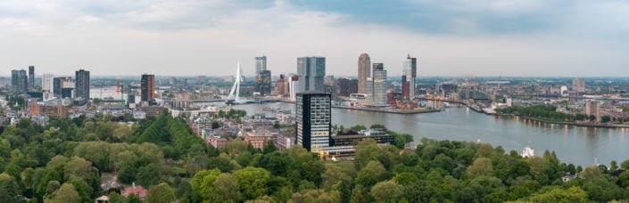 Rotterdam skyline panorama at dusk from the Euromast tower, Netherlands