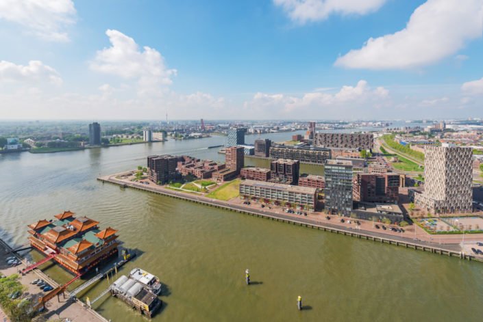 Delfshaven district and new meuse river aerial view, Rotterdam, Netherlands