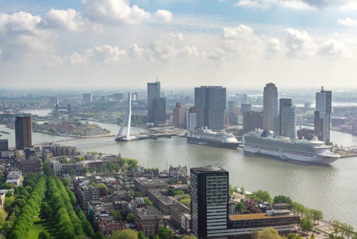 Two cruise ships in Rotterdam port aerial view, Netherlands