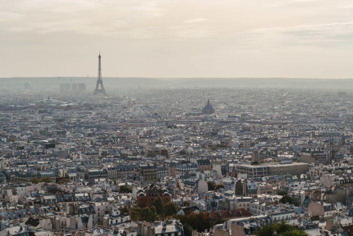 Paris skyline aerial view with haze in the background, France