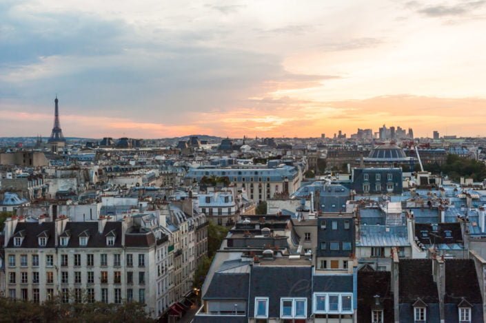 Paris skyline aerial view at sunset, France