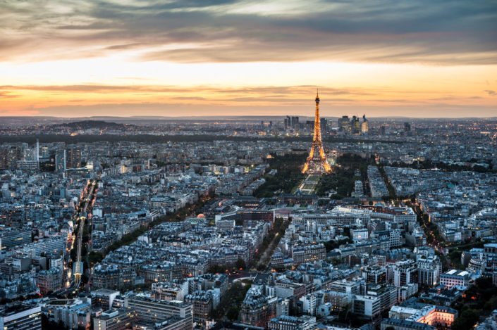 Paris skyline and Eiffel tower aerial view from the Montparnasse tower