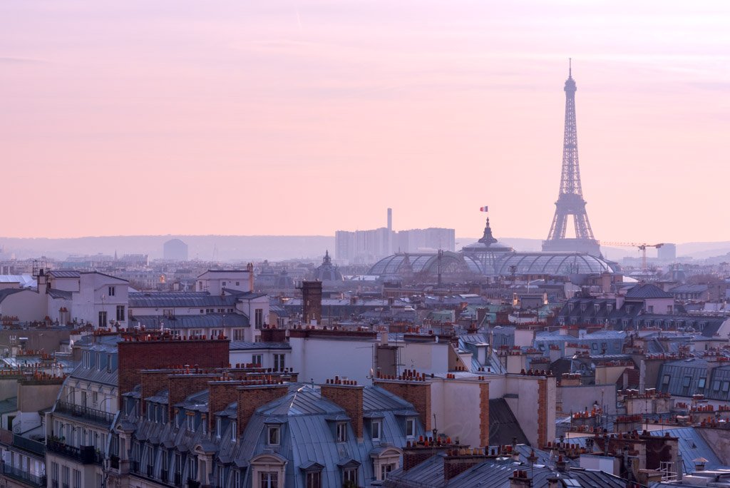 Paris skyline with the Eiffel tower at dusk, France
