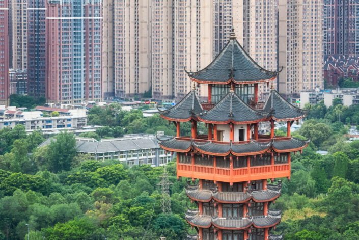 Chengdu Jiutian tower top in TaZiShan park against skyscrapers, Sichuan province, China