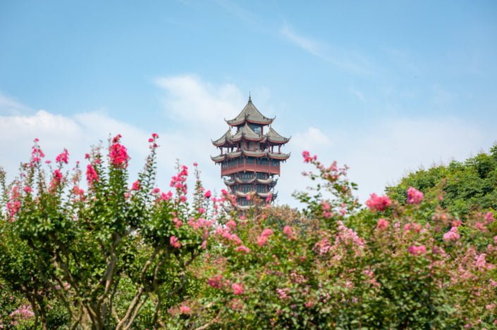 JiuTianLou tower with flowers in the foreground and blue sky in Chengdu, Sichuan province, China