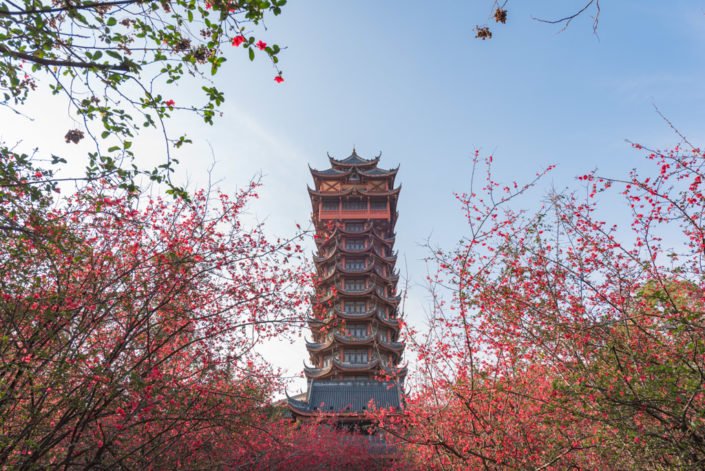 JiuTianLou tower with red flowers in the trees in Tazishan park, Chengdu, China