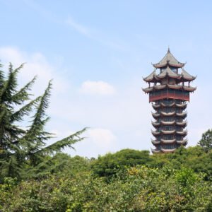 Jiutian tower in Tazishan Park in Chengdu is 70 meters high and has 13 layers, Chengdu, Sichuan Province, China.