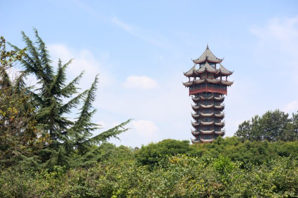 Jiutian tower in Tazishan Park in Chengdu is 70 meters high and has 13 layers, Chengdu, Sichuan Province, China.