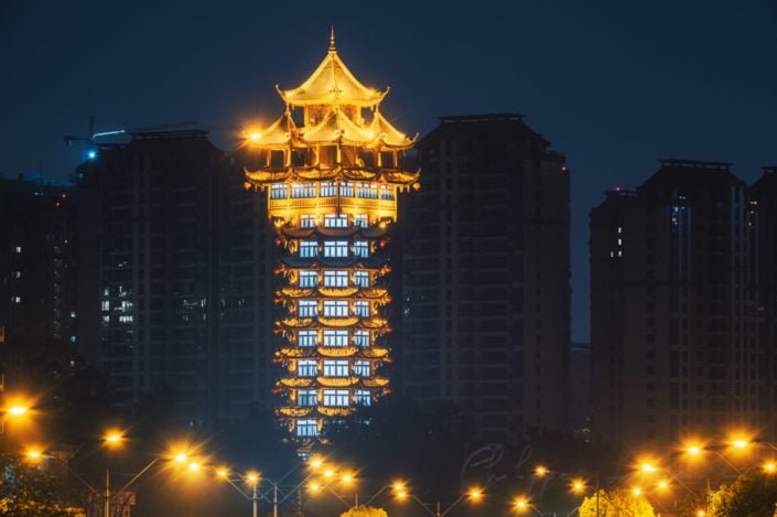 Jiutian tower illuminated at night in Chengdu, Sichuan province, China