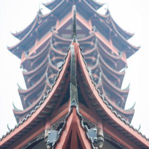 Jiutian tower against white sky low angle view in Chengdu, Sichuan province, China