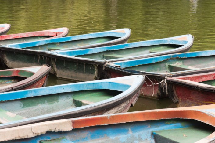 old multicolored boats on a lake, Chengdu, China