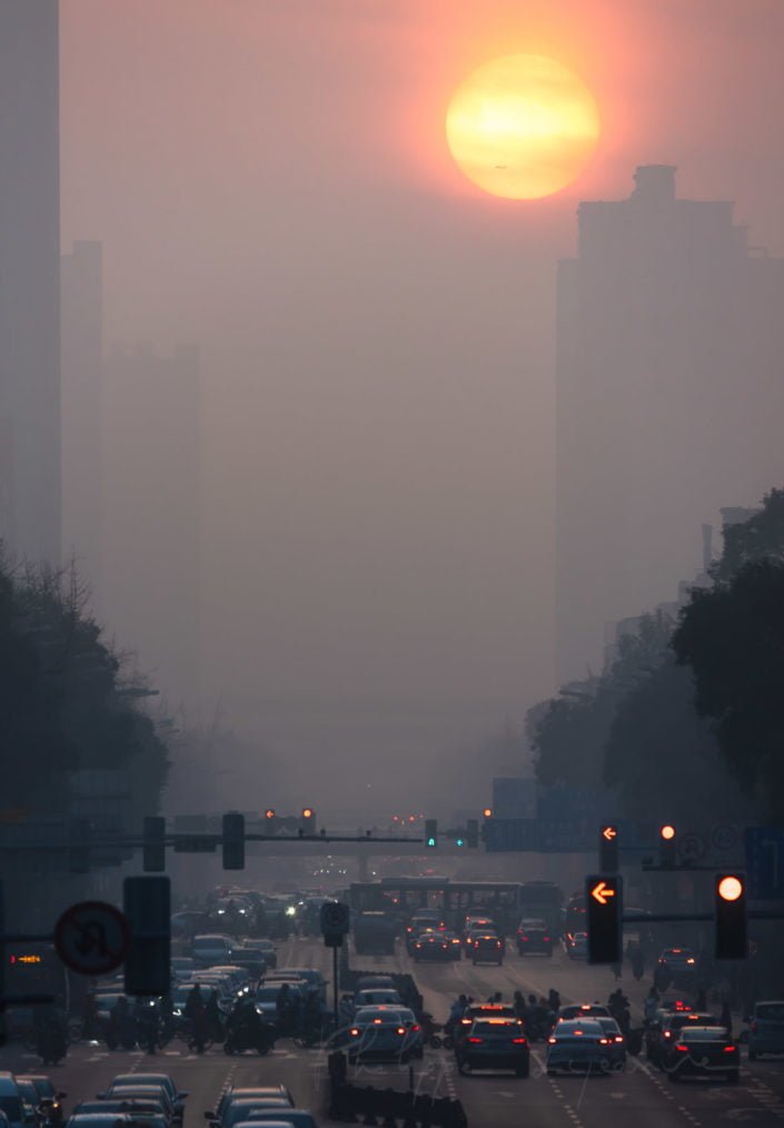 Chengdu city in the fog at sunrise, Sichuan province, China