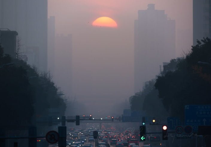 Chengdu city in the fog at sunrise, Sichuan province, China