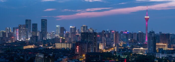 Chengdu city skyline aerial view panorama with 339 TV tower at blue hour, Sichuan province, China