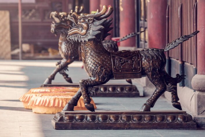 Two bronze dragons statues in a buddhist monastery in Chengdu, Sichuan province, China