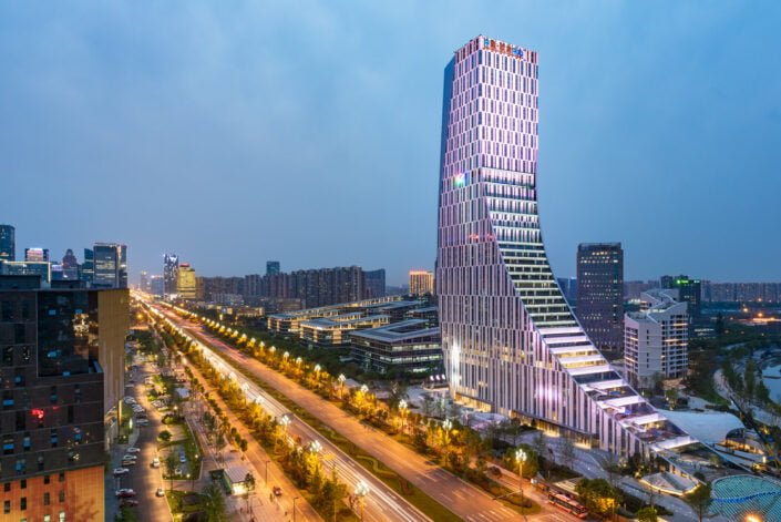 Chengdu CCEC (Business Innovation Center for China-Europe Cooperation) building in software park at night, Sichuan Province, China