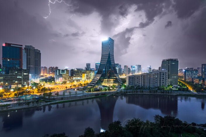 Chengdu skyline at night with a thunderstorm, Sichuan Province, China