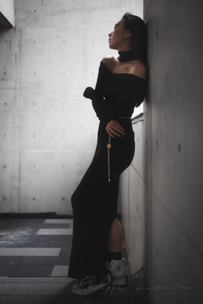 Young woman wearing a black dress portrait in Chengdu, Sichuan province, China