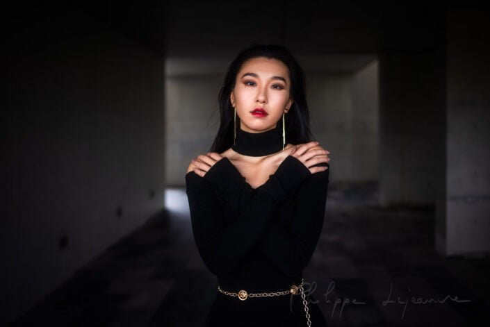 Young woman wearing a black dress portrait in Chengdu, Sichuan province, China